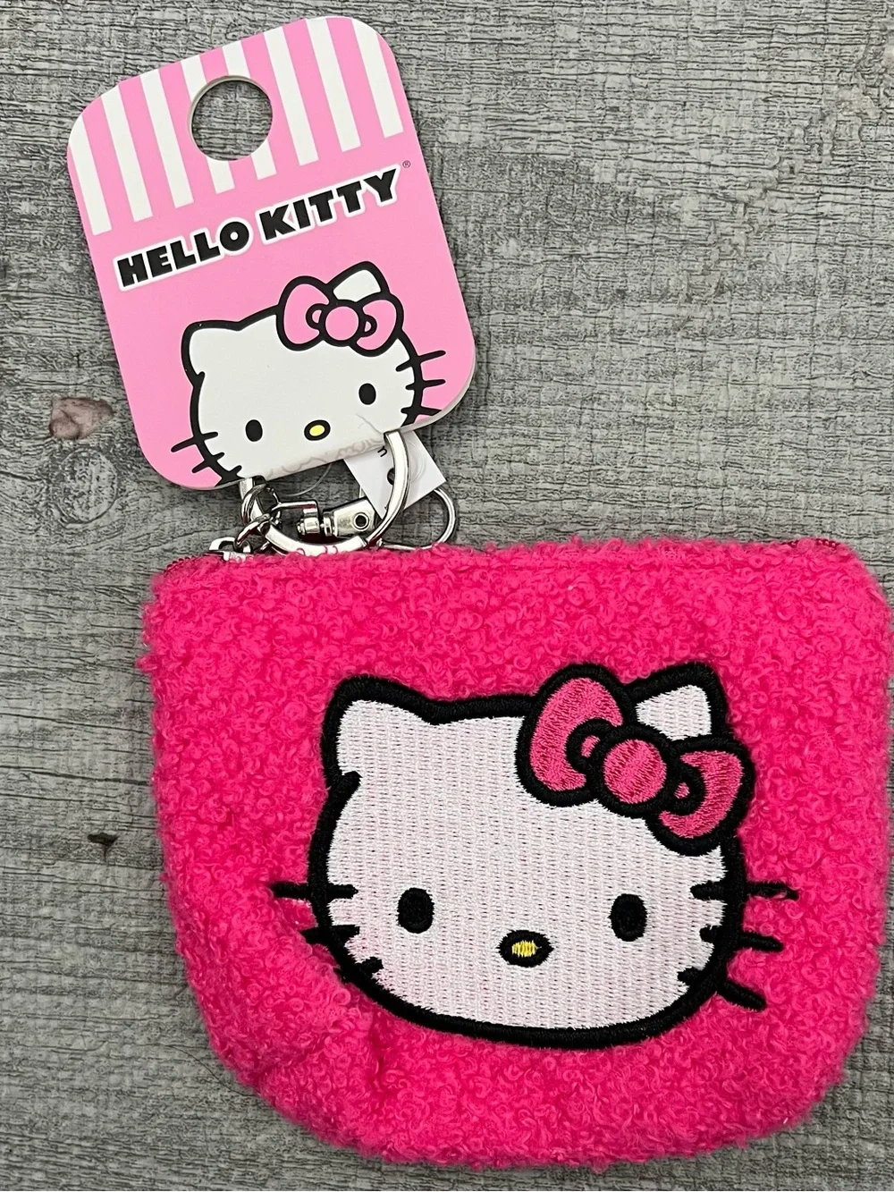 Hello Kitty Pink Coin Purse Wallet Pouch, Embroidered Face, Zipper, Keyring
